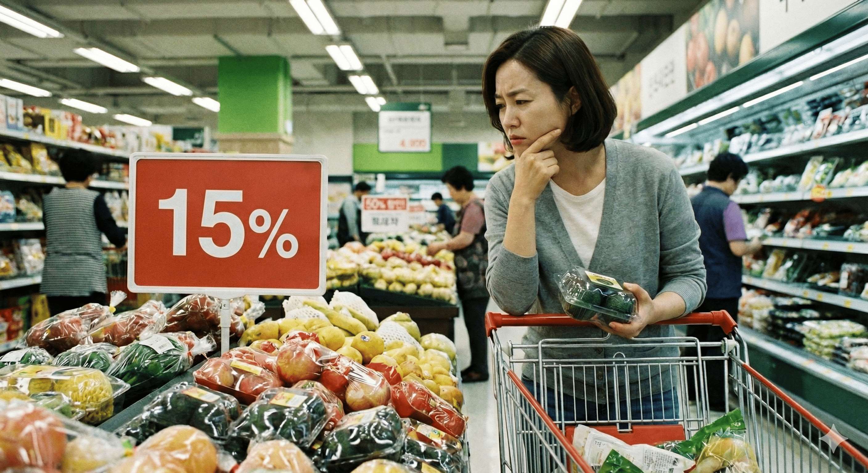 할인 표기 앞에서 고민하는 소비자 이미지